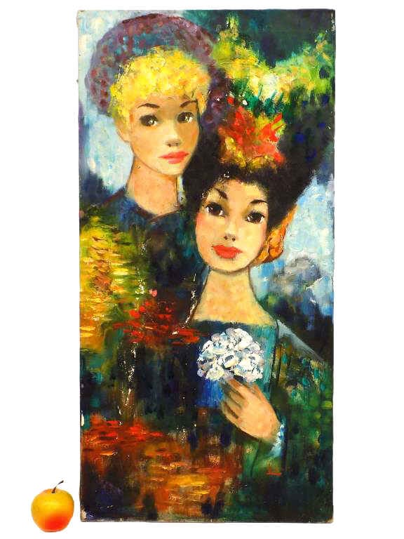 MIDCENTURY FRENCH GIRLS PAINTING SIGNED ILLEGIBLY (1 of 3)
