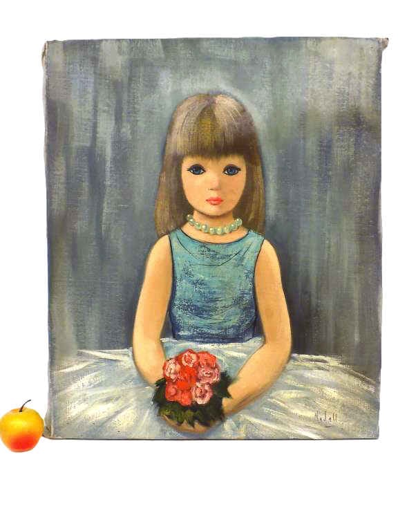 NADELL - BEAUTIFUL GIRL WITH FLOWERS PAINTING: Nadell - (Possibly Norbert Nadell) 20th Century - Beautiful Young Girl In Dress Holding Flower Bouquet Painting. Oil on Canvas. Signed Lower Right. 20" x 1" x 24" 2 lbs