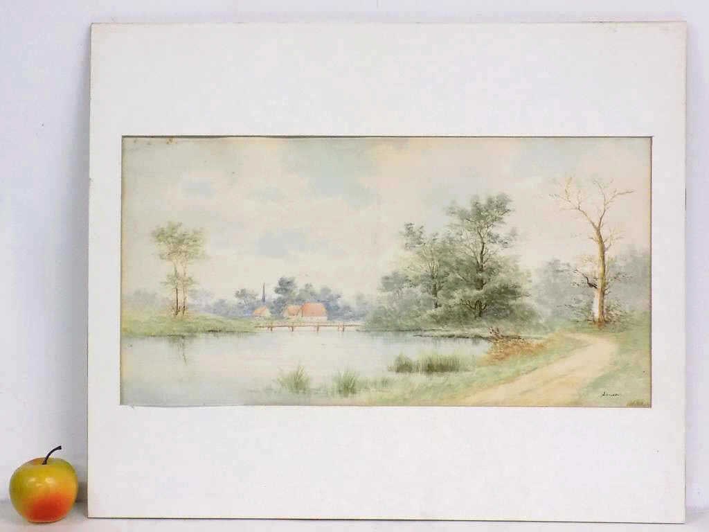 COUNTRY LANDSCAPE WATERCOLOR ILLEGIBLY SIGNED (1 of 6)