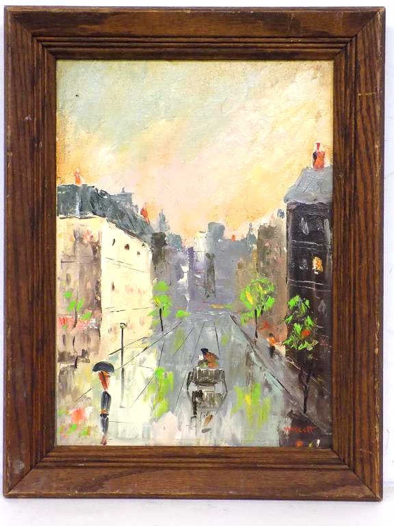 MASCOTT - MIDCENTURY VILLAGE PAINTING: Mascott 20th Century - Midcentury Impressionist Village Painting. Oil on Grumbacher Canvas Board. Signed Lower Right. Vintage Oak Wood Frame Measures 13" x 2" x 17" 3 lbs