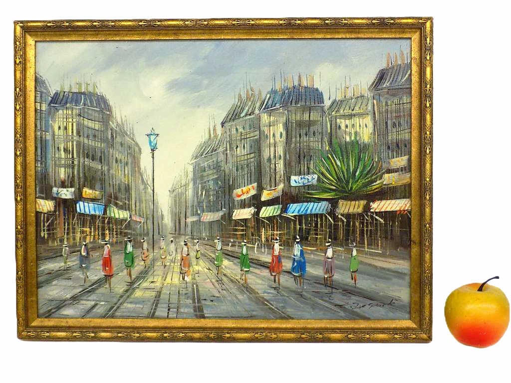F. DEROCK - MIDCENTURY VILLAGE STREETS PAINTING: F. DeRock - French - Midcentury Impressionist Village Street Scene With Figures Painting. Oil on Canvas. Signed Lower Right. Fancy Gold Leaf Wood Frame Measures 13.50" x 1" x 17.50" 2 lbs