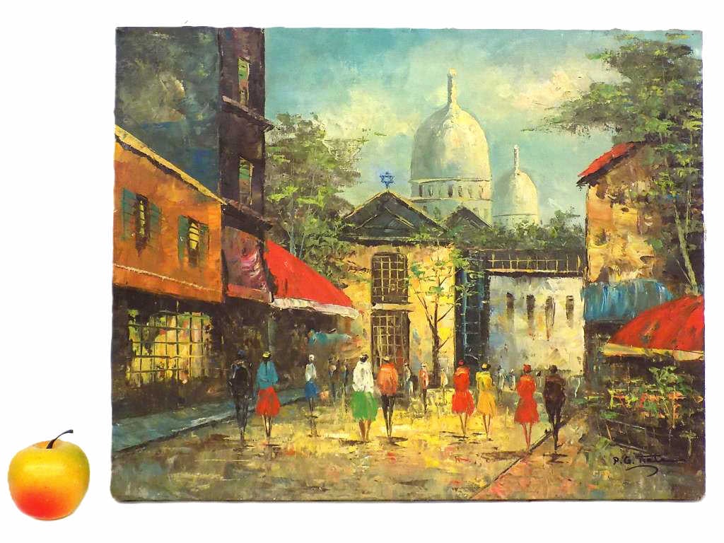 PG TIELA - IMPRESSIONIST VILLAGE PAINTING: P.G. Tiela - Italian 20th Century - Impressionist Village Painting Depicting Figures and Jewish Temple. Oil on Canvas. Signed Lower Right. 16" x 1" x 20" 2 lbs From a Prominent New York Estate