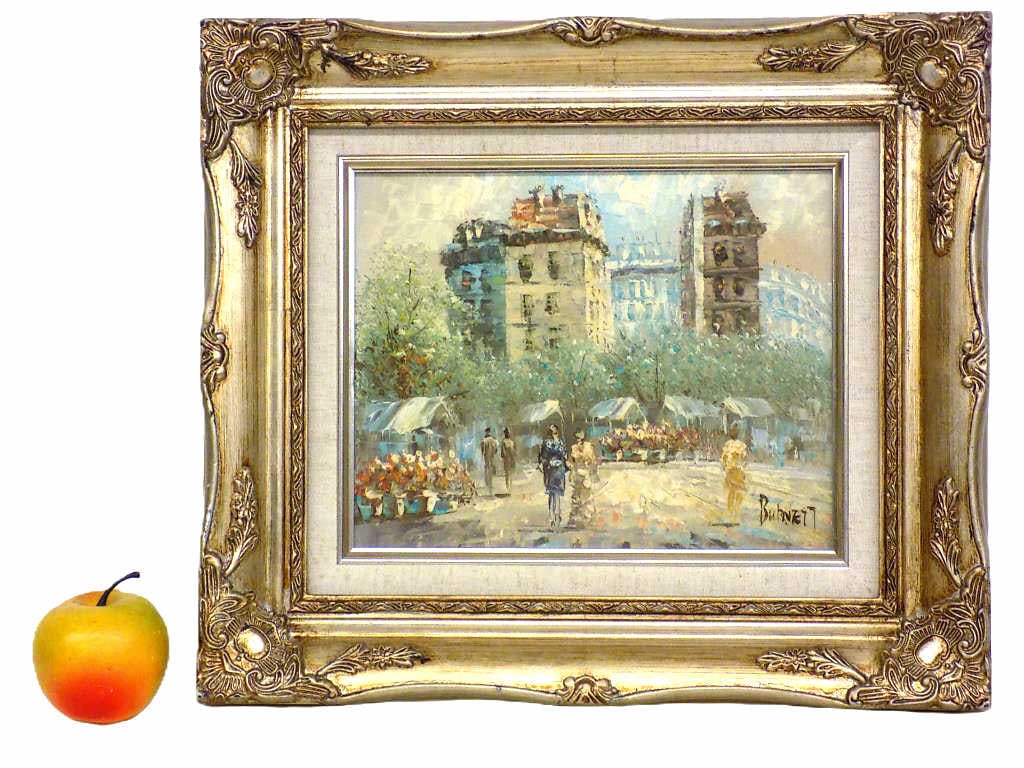 CAROLINE BURNETT - PARIS STREETS PAINTING: Caroline Burnett French 1877-1950 - Impressionist Painting of Paris France Village With Figures and Flower Market. Oil on Panel. Signed Lower Right. Stunning Victorian Silvered Wood Frame Measures 13.