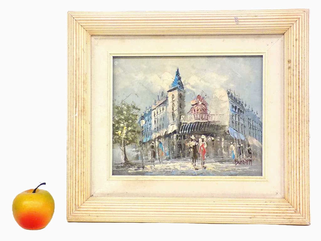 CAROLINE BURNETT - PARISIAN VILLAGE PAINTING: Caroline Burnett French 1877-1950 - Impressionist Painting of Paris France Village With Figures and Buildings. Oil on Panel. Signed Lower Right. Elegant White Wood Ribbed Frame Measures 13.50" x 1.50"
