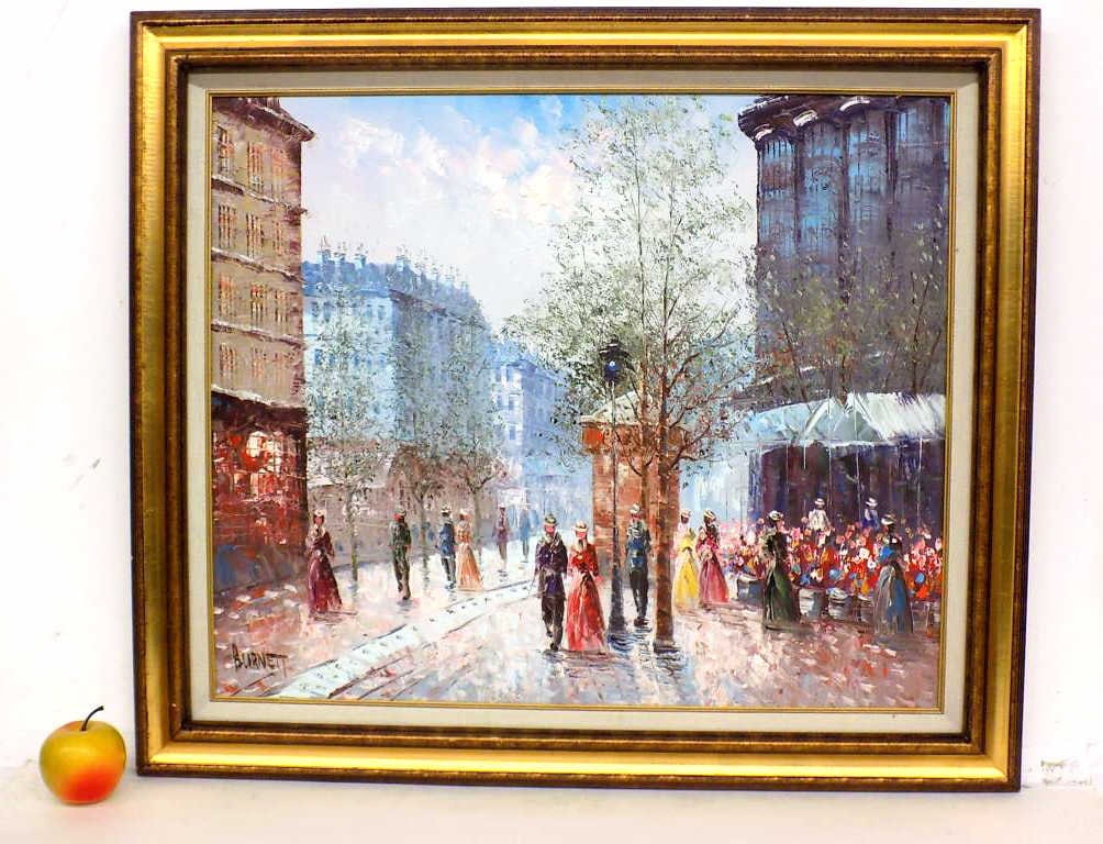 CAROLINE BURNETT - BIG PARISIAN STREETS PAINTING: Caroline Burnett French 1877-1950 - Big Impressionist Painting of Paris France Village With Figures, Flower Vendors and Buildings. Oil on Canvas. Signed Lower Left. Elegant Gold Gilt Wood Reeded Frame