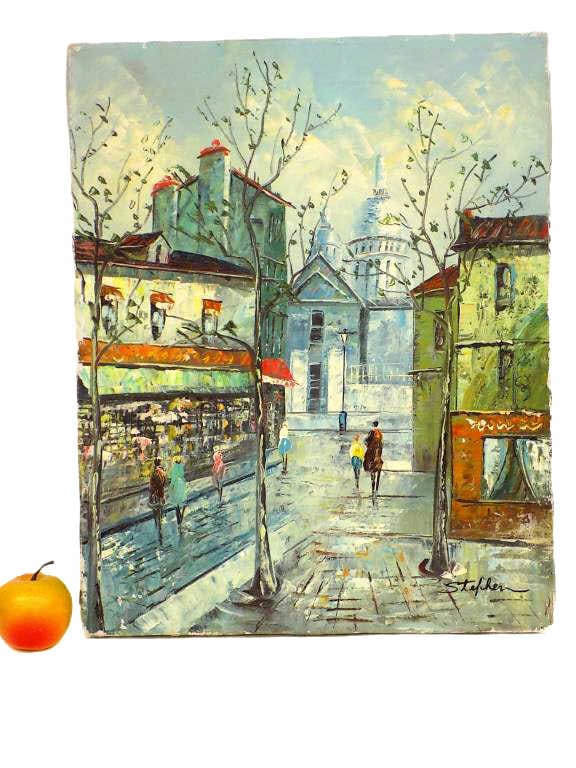 STEPHEN - MONTMARTRE PARIS VILLAGE PAINTING: Stephen - French 20th Century - Impressionist Painting in The Montmartre District Paris France. Depicting Figures Shopping. Oil on Canvas. Signed Lower Right. 16" x 1" x 20" 2 lbs