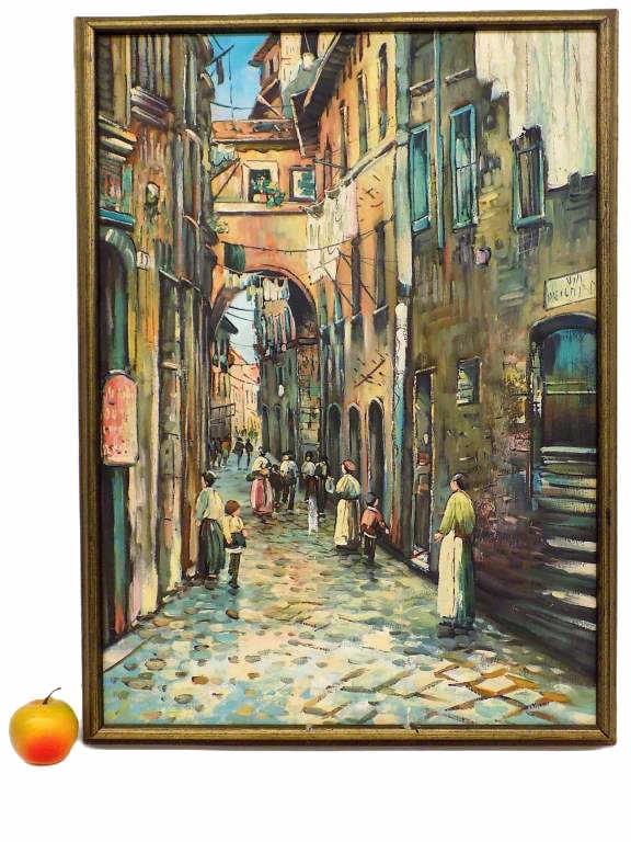 MIDCENTURY ITALIAN VILLAGE STREETS PAINTING: Circa 1950's 60's Midcentury Impressionist Painting of Italian Village Streets With Figures. Oil on Canvas. Well Executed, Unsigned. Vintage Gold Gilt Wood Frame Measures 21.50" x 2" x 29.50" 5 lbs