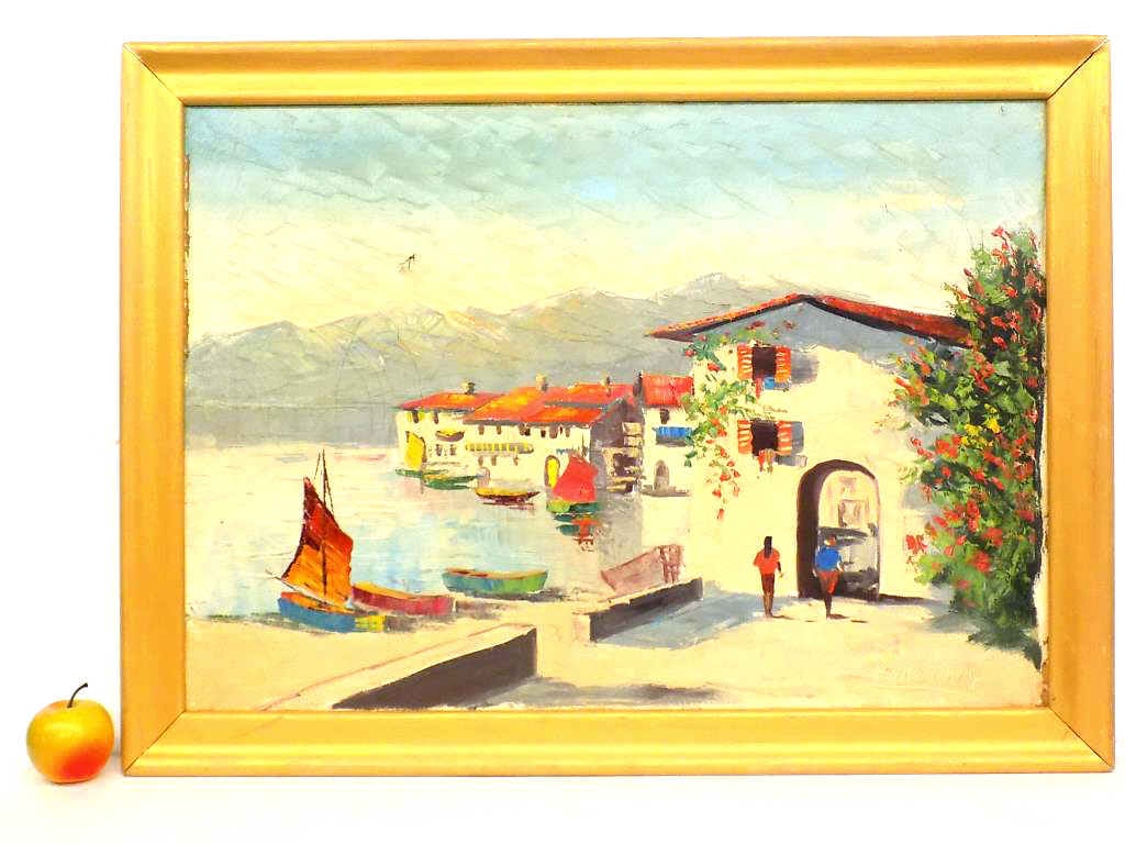 JOHN JOSEPH ENNEKING MEDITERRANEAN COAST PAINTING: Attributed John Joseph Enneking American Hyde Park New York b1916 - Big Mediterranean Coastal Scene Painting. Depicting Oceanside Villas With Boats and Figures. Oil on Canvas. Signed Lower Right. Gold