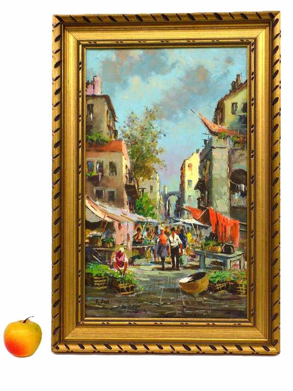 FRANCOIS GALL - MEDITERRANEAN MARKET PAINTING: Francois Gall - Hungarian - French 1912-1987 - Impressionist Mediterranean Market Painting. Depicting Vendors and Figures. Oil on Canvas. Signed Lower Left. Fancy Carved Gilt Wood Frame Measures 16" x