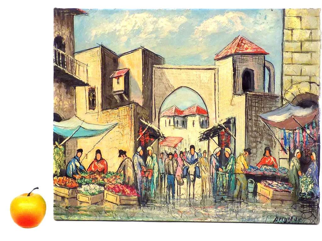 ARTURO AVIGDOR - ITALIAN VILLAGE PAINTING: Arturo Avigdor - Turkey 1906-1992 - 1960's Midcentury Painting of an Italian Village Market with Figures. Oil on Canvas. Signed Lower Right. 16" x 1" x 20" 2 lbs punctures taped from rear From a Promi