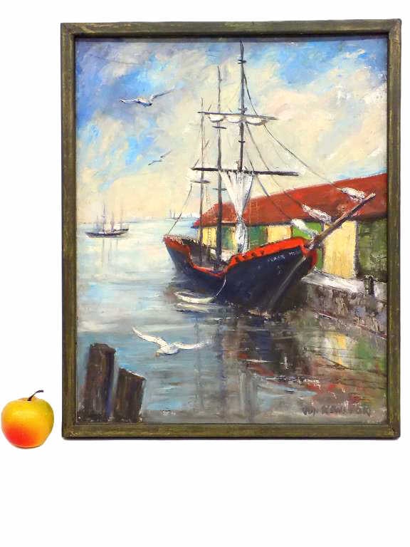 MARIANNE KENISON - NASSAU HARBOR BOATS PAINTING: Marianne Kenison - American 20th Century - Impressionist Painting Entitled "The Black Swan" Docked At Nassau. Depicting a Harbor with Boats and Flying Seagulls. Oil on Canvas Panel Board. Signed Lower