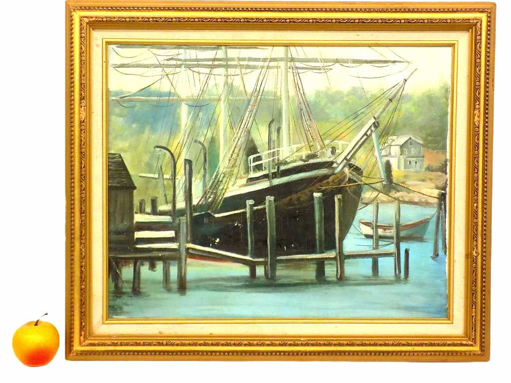 WPA STYLE BOATS AT HARBOR PAINTING (1 of 3)