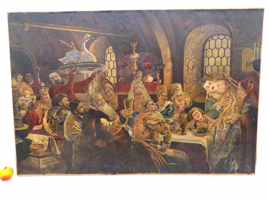 MAKOVSKY BIG RUSSIAN WEDDING FEAST PAINTING 37.50": After Konstantin Makovsky - Russian 1839-1950 - Big 19th Century / 1880's Russian Wedding Feast Painting. Depicting A Large Wealthy Family In Celebration. Oil on Canvas 32" x 1" x 37.50" 7 lbs