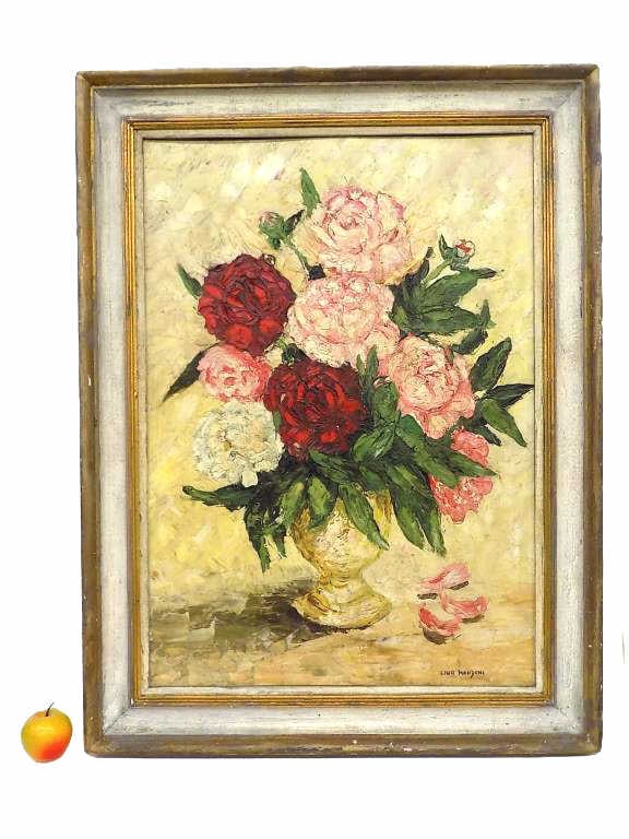 LINO MANZONI - BIG PEONIES STILL LIFE PAINTING: Lino Manzoni - italian 20th Century - Big Circa 1950's Masterful Floral Still Life Painting. Depicting Multi Color Peonies In A Vase. Imposto Oil on Artist Canvas Board. Elegant Gold Bordered Wood Fra