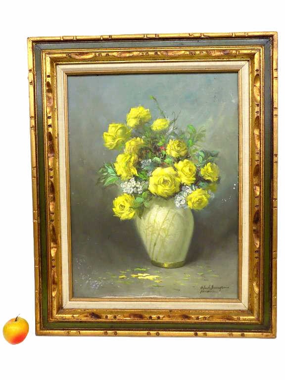 ORLANDO DOMINGO YELLOW ROSES STILL LIFE PAINTING: Orlando Domingo - Phillipines 20th Century - Big Circa 1950's Floral Still Life Painting of Yellow Roses In A Vase. Oil on Canvas. Signed Lower Right. Fancy Gold Gilt and Green Painted Wood Frame Meas