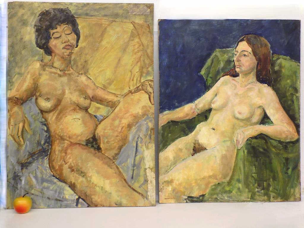 RAPHAEL SOYER - 3 NUDE REALIST WOMAN PAINTINGS: Raphael Soyer - Russian American New York 1889-1987 - 3 Nude Realist Paintings of Women. Including Brown Haired Seated Woman, Double Sided Painting of Seated Brunette, Standing Woman Reverse. Oil on M