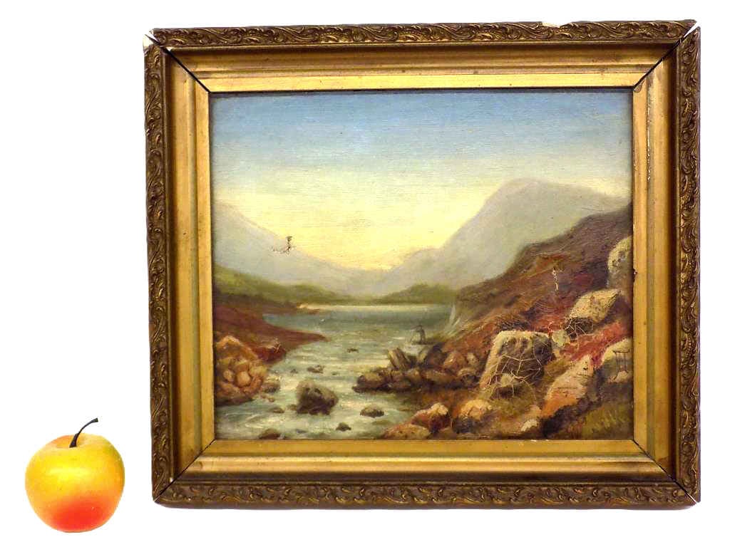 FELIX MOSCHELES - RIVER VALLEY FISHING PAINTING: Felix Moscheles - United Kingdom 1833-1917 - 19th Century River Valley Landscape Painting. Depicting a Man Fishing. Oil on Canvas. Signed Insignia Lower Right. Artist Info rear. Fancy Victorian Gilt F