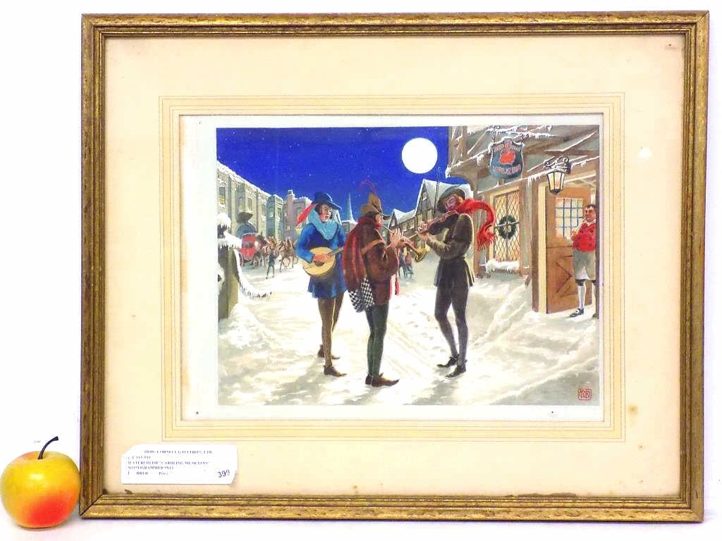 WINTER MUSICIANS ILLUSTRATION ART WATERCOLOR: Circa 1950's Monogrammed Watercolor Gouache Illustration. Depicting a Festive Winter Scene With a Musician Trio Playing Music In Front of The Red Swan Tavern. Extremely Detailed, Likely For a Book. Ar