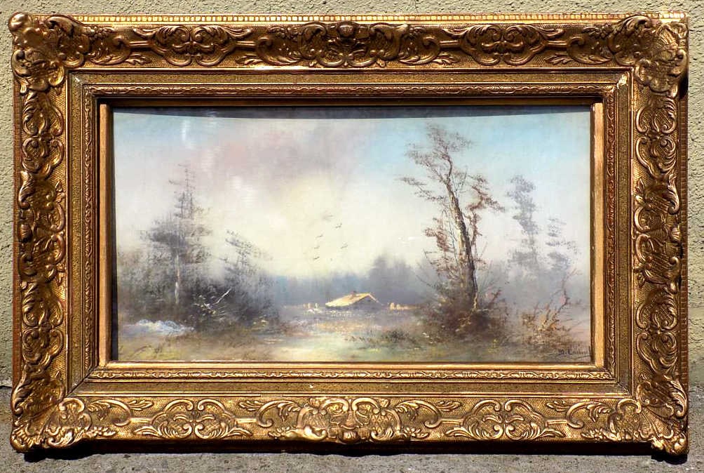 CANNELL HUDSON VALLEY CABIN PASTEL PAINTING: M. Cannell 19th Century Hudson Valley Landscape Cabin Pastel Painting. Signed Illegibly Lower Right and Dated (18) 93. Fancy Victorian Gold Gilt Wood Frame Measures 16" x 2" x 24.50" 8 lbs