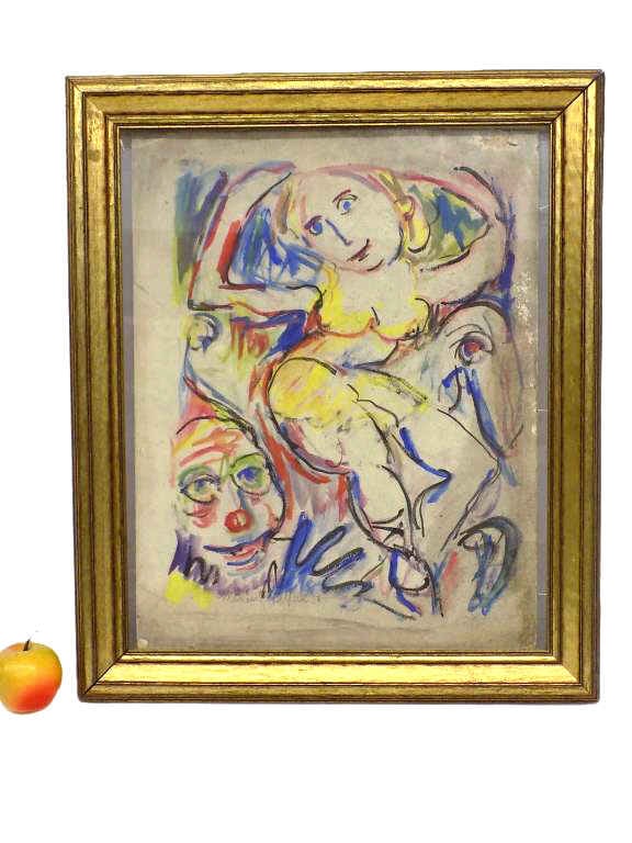 HALPERN - MODERN EXPRESSIONIST PAINTING: Miriam Halpern American 20th Century - Modern Expressionist Figures Painting (with Drawings on Rear) Likely a Circus Acrobat with Clown. Oil on Artist Bainbridge Board. Signed, Dated 1950 Lower Left. 