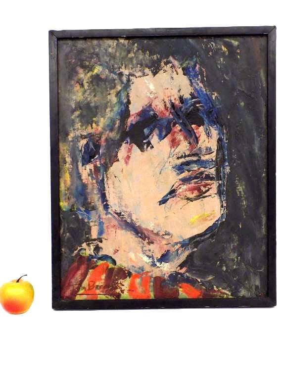 DM BOVIER MIDCENTURY ABSTRACT MAN PAINTING: Midcentury Abstract Expressionist Male Portrait. Acrylic on Artist Canvas Board. Signed Illegibly Lower Left DM Bovier ? Black Painted Wood Frame Measures 17" x 1.25" x 21" 4 lbs From a Prominent New 