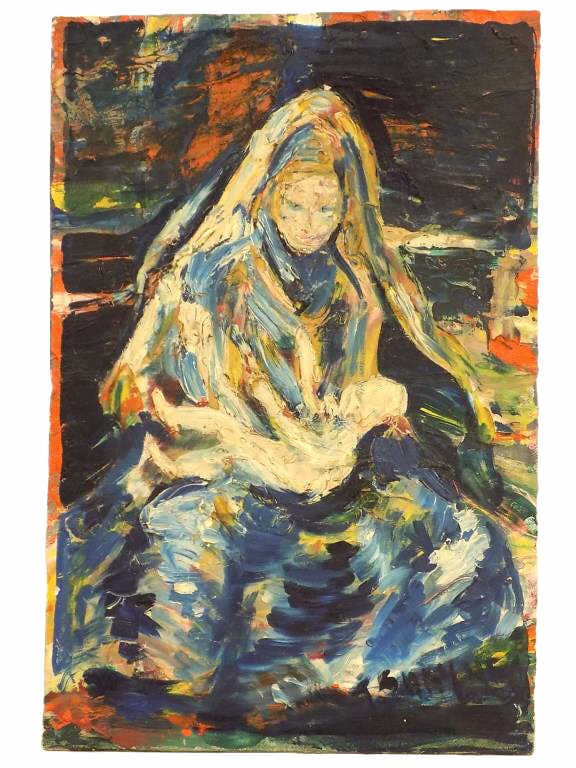 MIDCENTURY ABSTRACT MOTHER & CHILD PAINTING SIGNED (1 of 3)