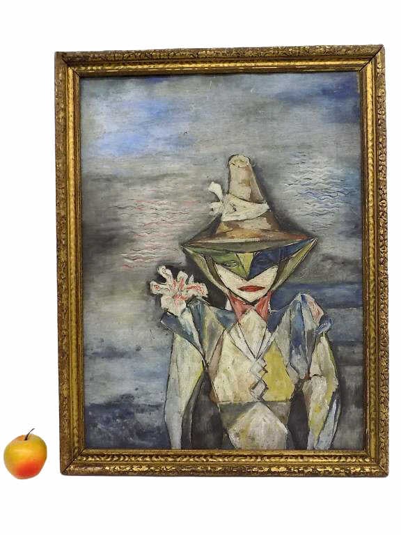 MIDCENTURY ABSTRACT HARLEQUIN PAINTING SIGNED: Midcentury Abstract Harlequin Painting. Oil on Canvas. Illegibly Signed Lower Left. Antique Carved Gold Gilt Frame Measures 20.50" x 1.50" x 26.50" 5 lbs From a Prominent New York Estate