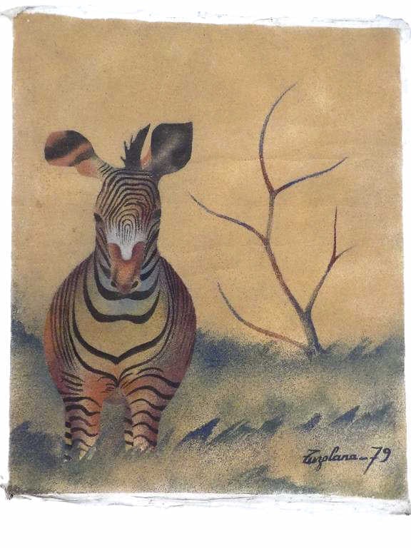 ZUZOLANA - MODERNIST ZEBRA MIXED MEDIA PAINTING: Zuzolana 20th Century - Modernist Jungle Zebra Mixed Media Painting. Oil and Sand on Canvas. Signed, Dated (19) 79 Lower Right. 27" x 1" x 32" 1 lb