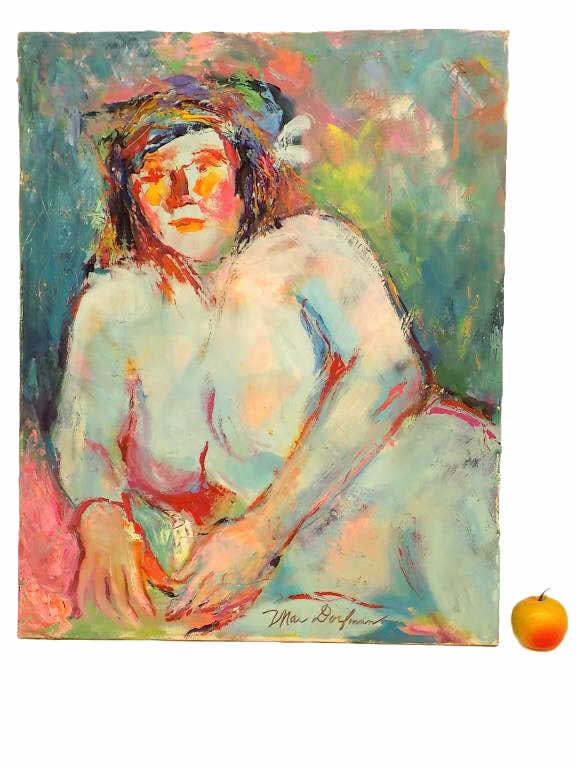 MAX DORFMAN ABSTRACT EXPRESSIONIST NUDE PAINTING: Max Dorfman American 20th Century - Big Midcentury Abstract Expressionist Nude Painting. Acrylic on Canvas. Signed Lower Margin. 24" x 1" x 30" 5 lbs
