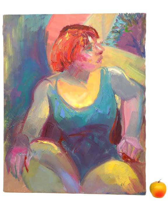 MAX DORFMAN ABSTRACT EXPRESSIONIST LADY PAINTING: Max Dorfman American 20th Century - Big Midcentury Abstract Expressionist Lady In Dress Painting. Acrylic on Canvas. Fancy Gold Gilt Wood Frame Measures 29" x 2" x 35" 8 lbs