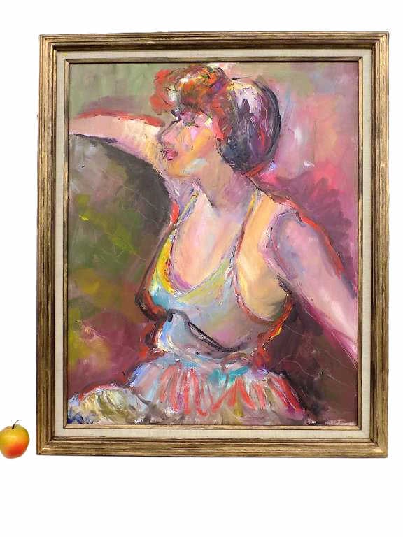 MAX DORFMAN ABSTRACT EXPRESSIONIST LADY PAINTING: Max Dorfman American 20th Century - Big Midcentury Abstract Expressionist Lady Painting. Acrylic on Canvas. Signed, Dated 1970 Rear 24" x 1" x 30" 5 lbs