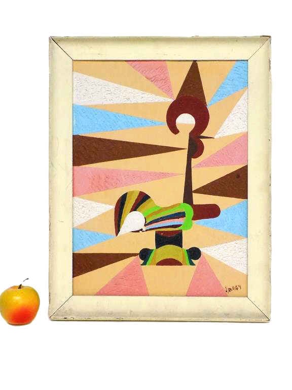 MIDCENTURY ABSTRACT ROOSTER PAINTING SIGNED ILLEG (1 of 3)