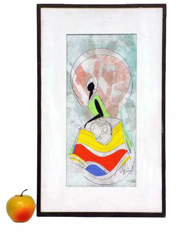 MIDCENTURY ABSTRACT LADY PASTEL PAINTING SIGNED: Midcentury Abstract Lady Pastel Painting on Masonite. African American Lady in Dress. Signed Illegibly Lower Right. Modern Wood Frame Measures 12" x 1" x 20" 4 lbs