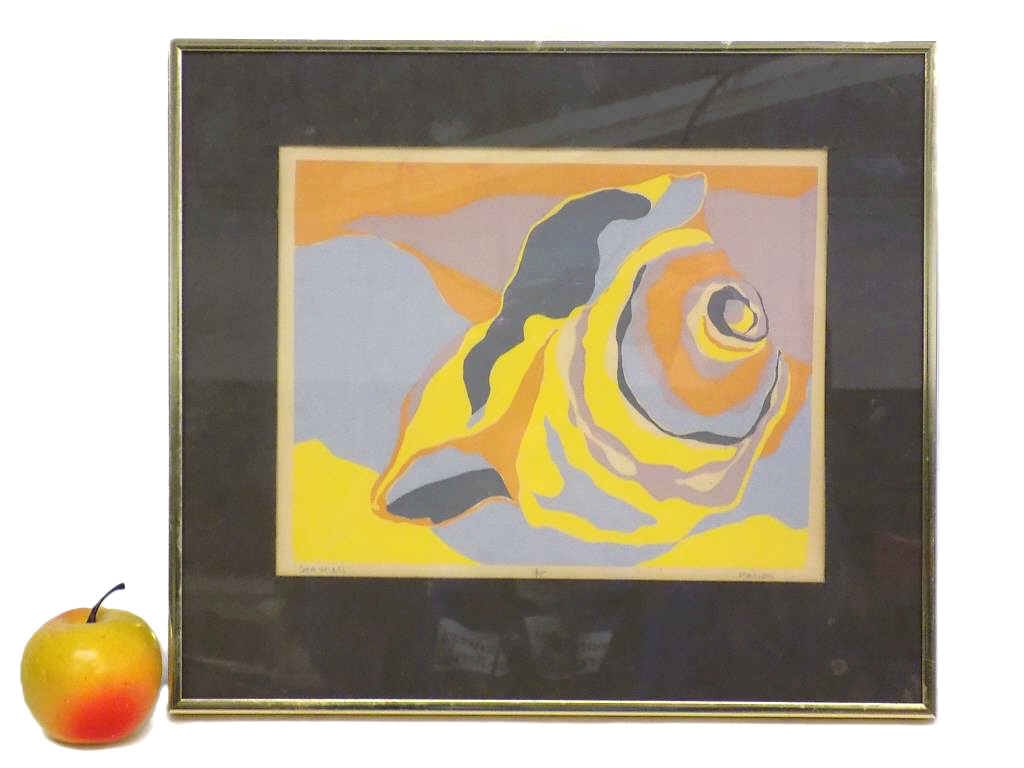 GILBERT MARION - MIDCENTURY SEA SHELL SERIGRAPH: Gilbert Marion b1933 - Midcentury Abstract Serigraph Entitled Sea Shell. Artist Titled and Signed Marion Lower Margin. Midcentury Gold Chrome Frame Measures 13" x 1" x 15" 5 lbs