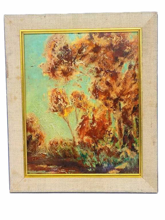 WILLIAM HENRY CLAPP - AUTUMN LANDSCAPE PAINTING: William Henry Clapp Canadian 1879-1954 - Autumn Landscape Painting. Oil on Board. Signed Lower Right. Linen Bordered Frame Measurement 10" x 1" x 12" 1 lb Provenance: From a Prominent New York Estate