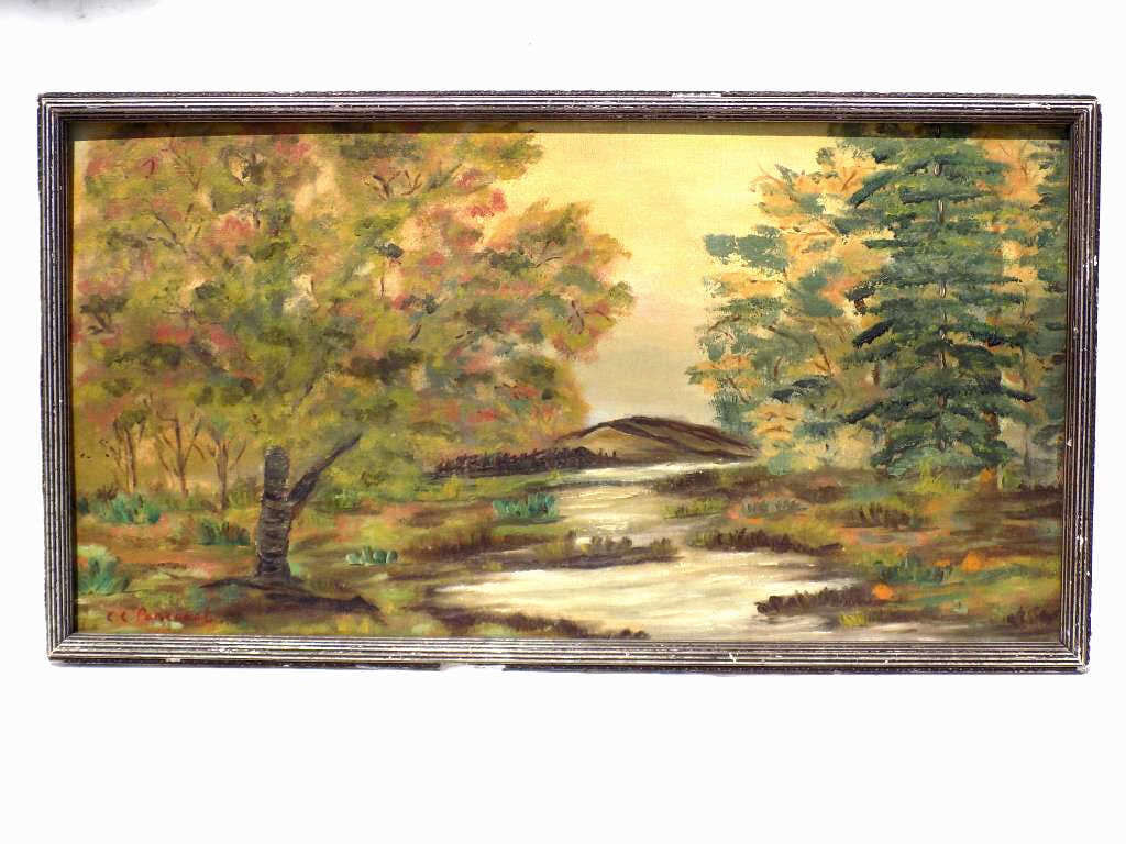 CLARA CAFFREY PANCOAST MOUNTAIN LANDSCAPE PAINTING: Clara Caffrey Pancoast - American Texas Louisiana 1872-1959 - Mountain Landscape Painting. Oil on Board. Signed Lower Left. Antique Silvered Gesso Frame Measures 16" x 1" x 29" 5 lbs Provenance: Promi