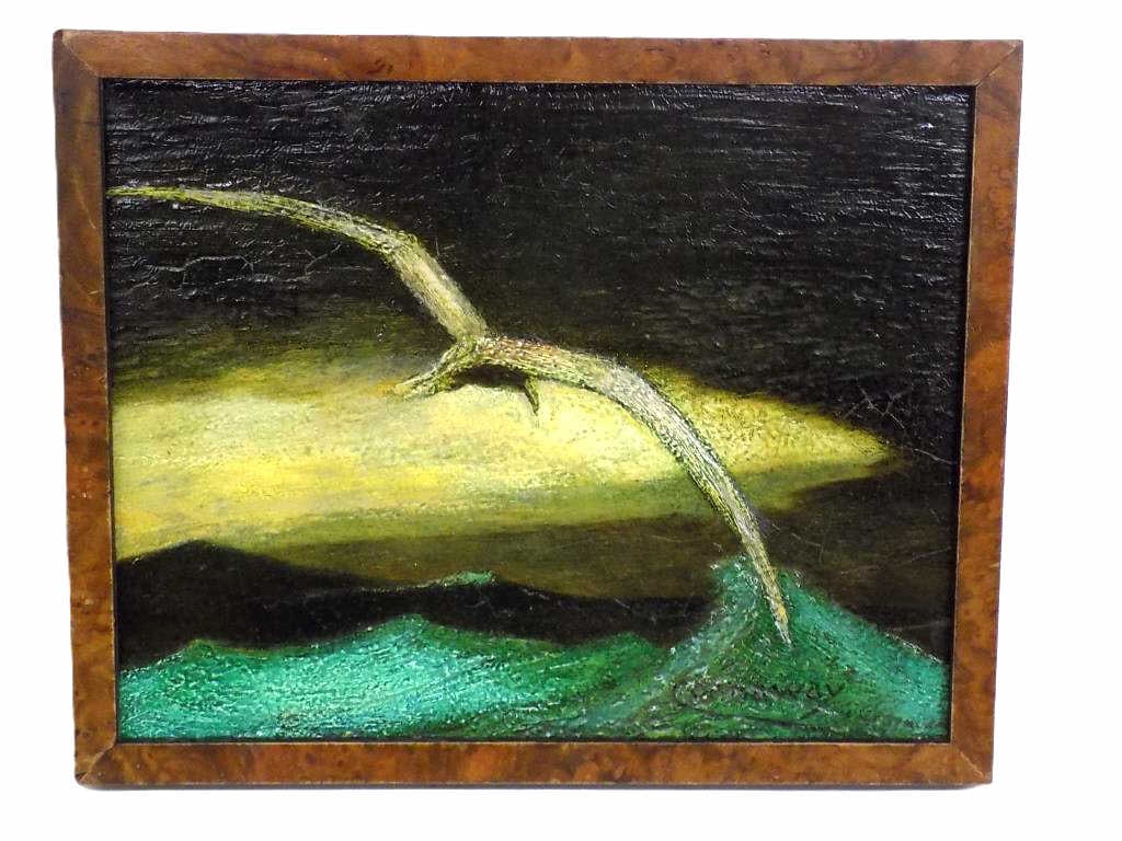 JAY HALL CONNAWAY - SEASCAPE SEAGULL PAINTING: Jay Hall Connaway American Maine Arizona Indiana 1893-1970 - Seascape Seagull Painting. Oil on Board. Signed Lower Right. Burled Wood Frame Measures 8.50" x 1" x 10.50" 2 lbs From A Prominent Maine Es