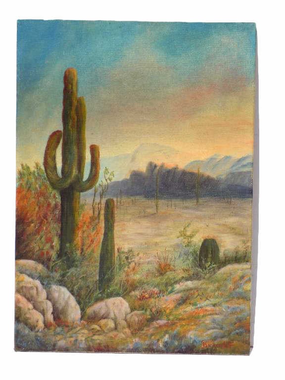 GEORGE SANDERS BICKERSTAFF WESTERN DESERT PAINTING: George Sanders Bickerstaff American California Arkansas 1893-1954 - Western Desert Painting. Oil on Board. Signed Lower Left. Measures 10" x 1" x 14" 1 lb Provenance: Prominent New York Estate