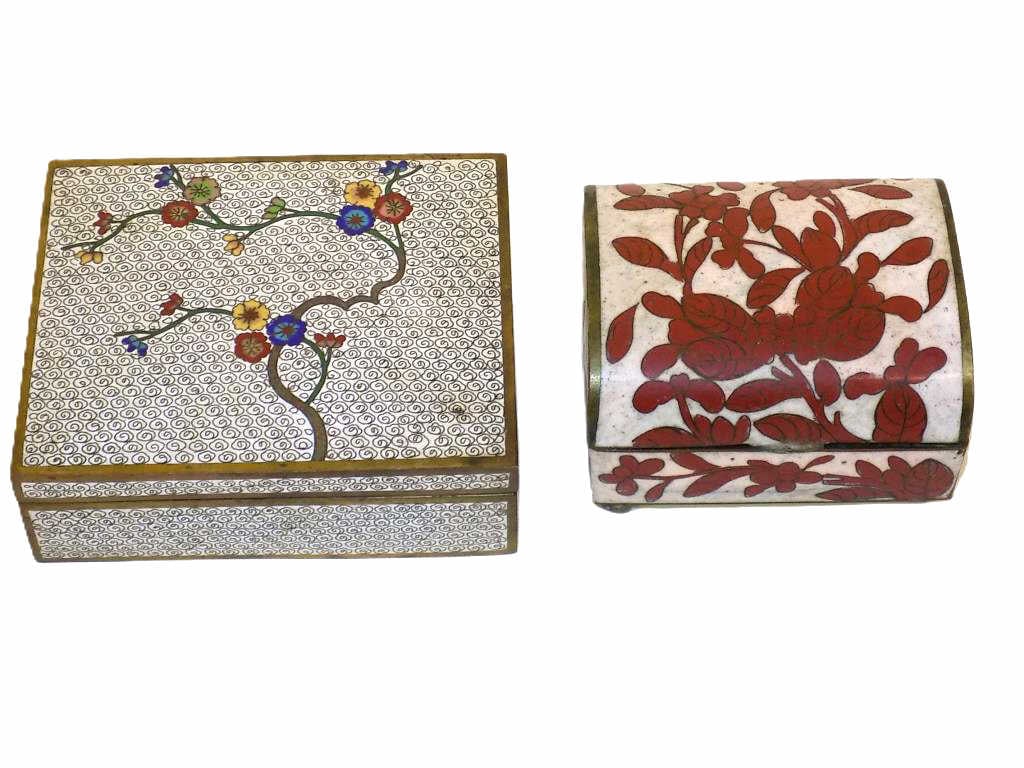 19TH CENTURY CHINESE FLORAL CLOSONNE BRONZE BOXES: 2 19th Century Chinese Floral Closonne Bronze Boxes. Each Decorated with Multi Color Floral Blossoms. 1.50" x 3.50" x 4.50" and 2" x 3" x 3.50" 1 lb Excellent condition