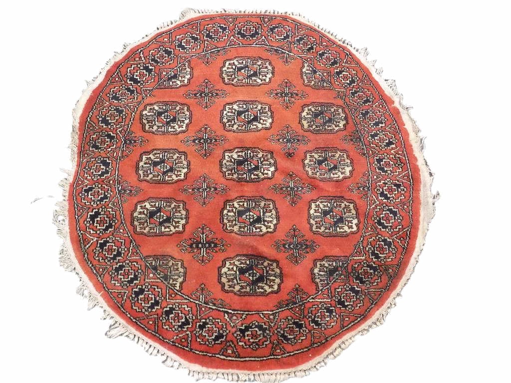 ROUND PERSIAN RED BOKHARA RUG: Semi Antique Persian Bokhara Rug. Tekke Turkmen Design. Incredibly Tight Hand Woven Knots. 36" x 1" x 36" 4 lbs