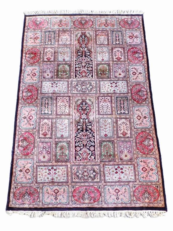 PERSIAN KHESHTI KASHMIR SILK RUG 47" x 77": Persian Kheshti or Chahar Bagh Kashmir Silk Rug. Intricate Tree of Life Pattern. Hand Tied. 47" x 77"