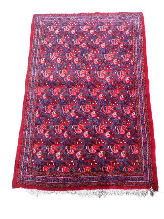 ANTIQUE PERSIAN QASHQAI BOTEH RUG 40" x 60": Antique Persian Qashqai Rug. Repeating Boteh Floral Design. Vibrant Red Field with Thick Pile. Hand Tied. 40" x 60"