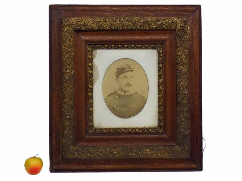 19TH CENTURY AMERICAN CIVIL WAR SOLDIER PHOTOGRAPH: Large Original 19th Cemtury American Civil War Soldier In 55th Regiment Uniform Photograph. Victorian Walnut Frame with Gilt Aesthetic Border. 24.50" x 2" x 22.50"