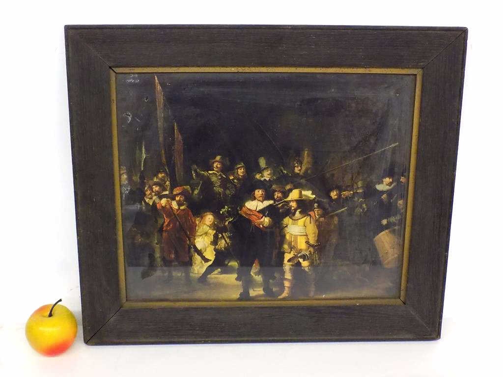 REMBRANDT - NIGHT WATCH PRINT ARTS & CRAFTS FRAME: After Rembrandt Van Rijn 1606-1669 - The Night Watch Print. Dark Oak Wood Arts and Crafts Frame Measures 17" x 1" x 19.50" 3 lbs Print As is, glare reflected in picture