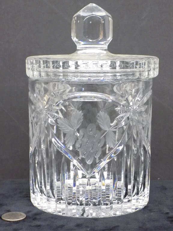 ANTIQUE CUT CRYSTAL HOBSTAR GLASS CANDY JAR: Antique Heavy Cut Crystal Glass Biscuit, Candy or Cigar Lidded Jar. intricate Hobstar and Grapes Patterns. Probably Made in Poland or Ireland. Height 9" x 5.25" x 5.25" 5 lbs