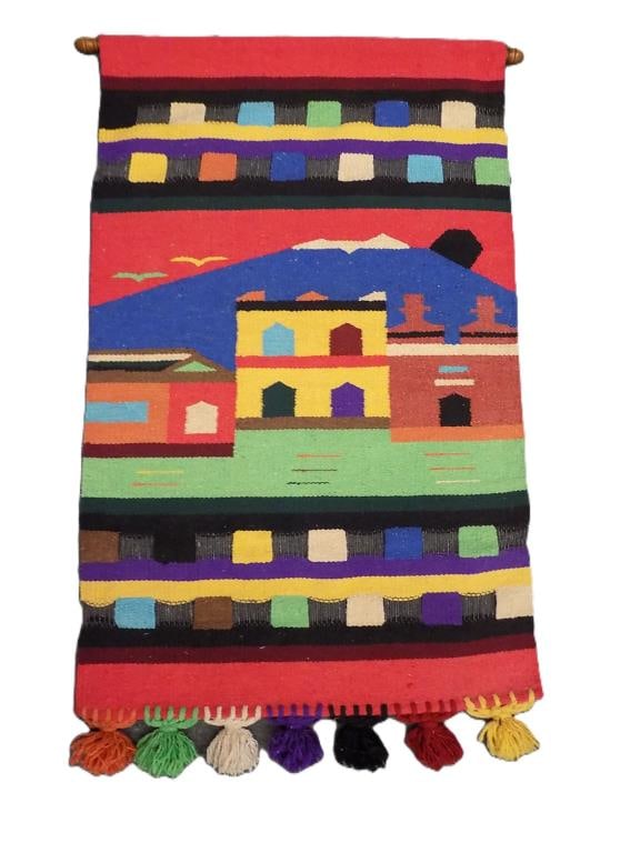 VIBRANT SOUTHWEST PUEBLO ADOBE WALL TAPESTRY: Vintage Southwest Pueblo Handwoven Art Wall Tapestry / Rug. Vibrant Multi Color Scene Depicting Adobe Homes with Flying Birds among a Mountain Landscape. 29.50" x 1" x 50" 3 lbs