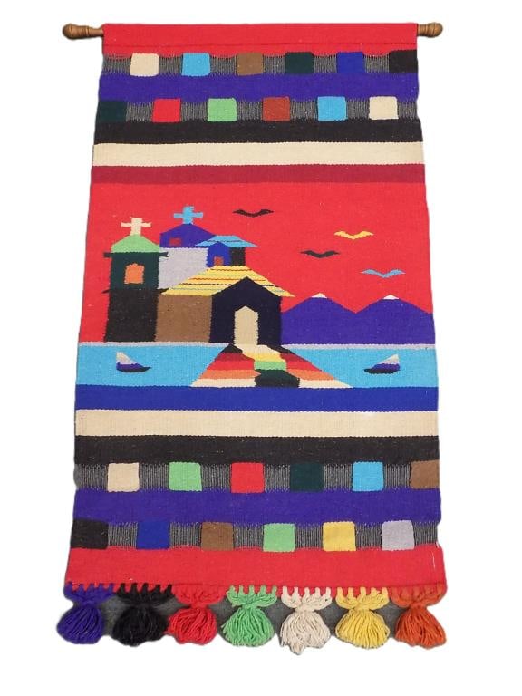 VIBRANT SOUTHWEST PUEBLO CHURCH WALL TAPESTRY: Vintage Southwest Pueblo Handwoven Art Wall Tapestry / Rug. Vibrant Multi Color Scene Depicting Sailboats in a Lake with Holy Church and Flying Birds in Background. 29.50" x 1" x 50" 3 lbs