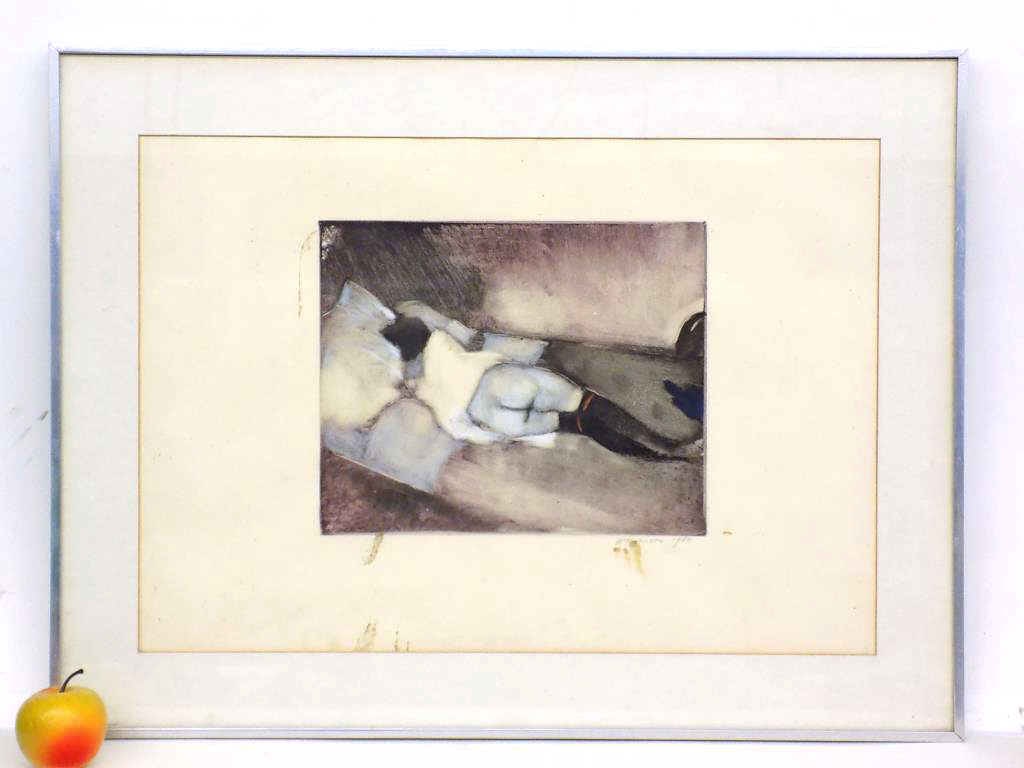 NUDE WITH STOCKINGS COLORED ETCHING SIGNED: Big Lying Semi Nude Woman Wearing Stockings Hand Colored Etching. Illegibly Signed, Dated 1974 Lower Right. Quality Midcentury Chrome Frame 22" x 1" x 29" 11 lbs