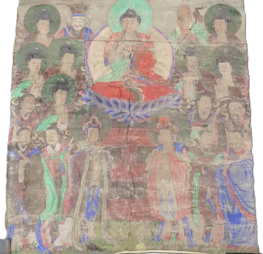 ASiAN BODHISATTVA BUDDHIST MYTHOLOGICAL PAINTING: Big Asian Korean Josean Dynasty Buddhist Mythological Temple Scroll Painting. Depicting Seated Bodhisattva Tejaprabha Shakyamuni Buddha Surrounded by Servants. Pigment Paint on canvas. 43.50" x 49" As
