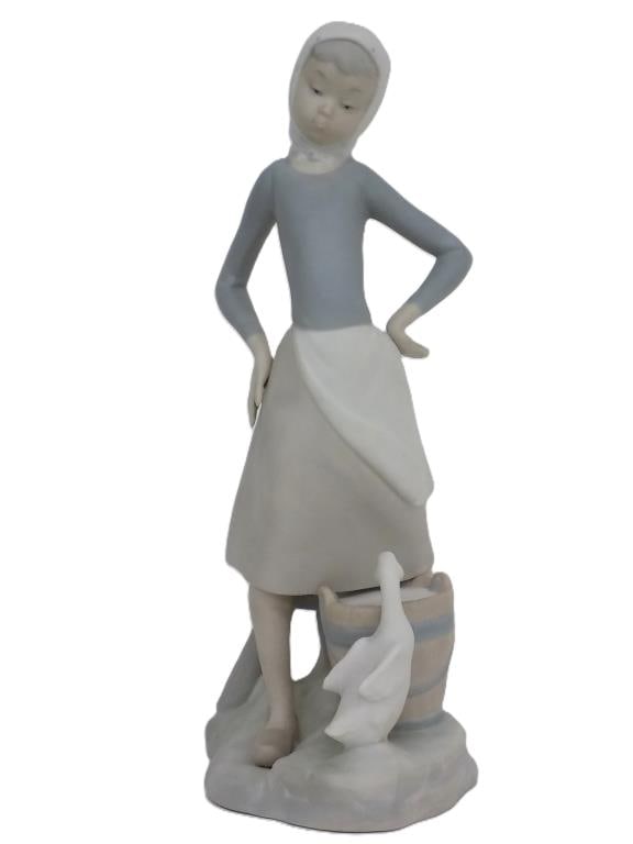 RARE PROTOTYPE LLADRO GIRL WITH MILK PAIL FIGURE: Rare Prototype Lladro Porcelain Figurine Group. Entitled Girl with Milk Pail. Depicting a Goose Drinking. Sculpted by Vicente Martinez. Unglazed, No Base Mark. Height 9.50" x 4.50" x 3.50" 1 lb